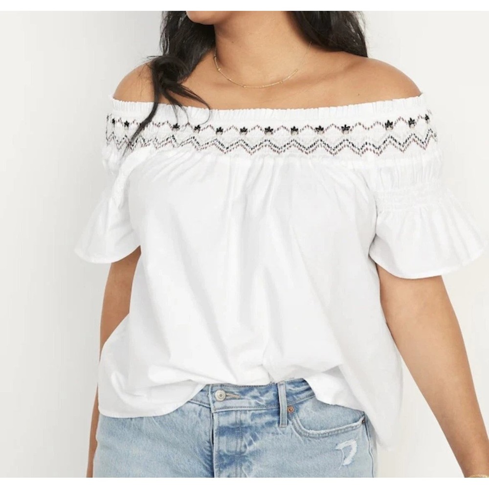 Old Navy Peasant Top Women 3X White Embroidered Off Shoulder Flutter Sleeve Boho